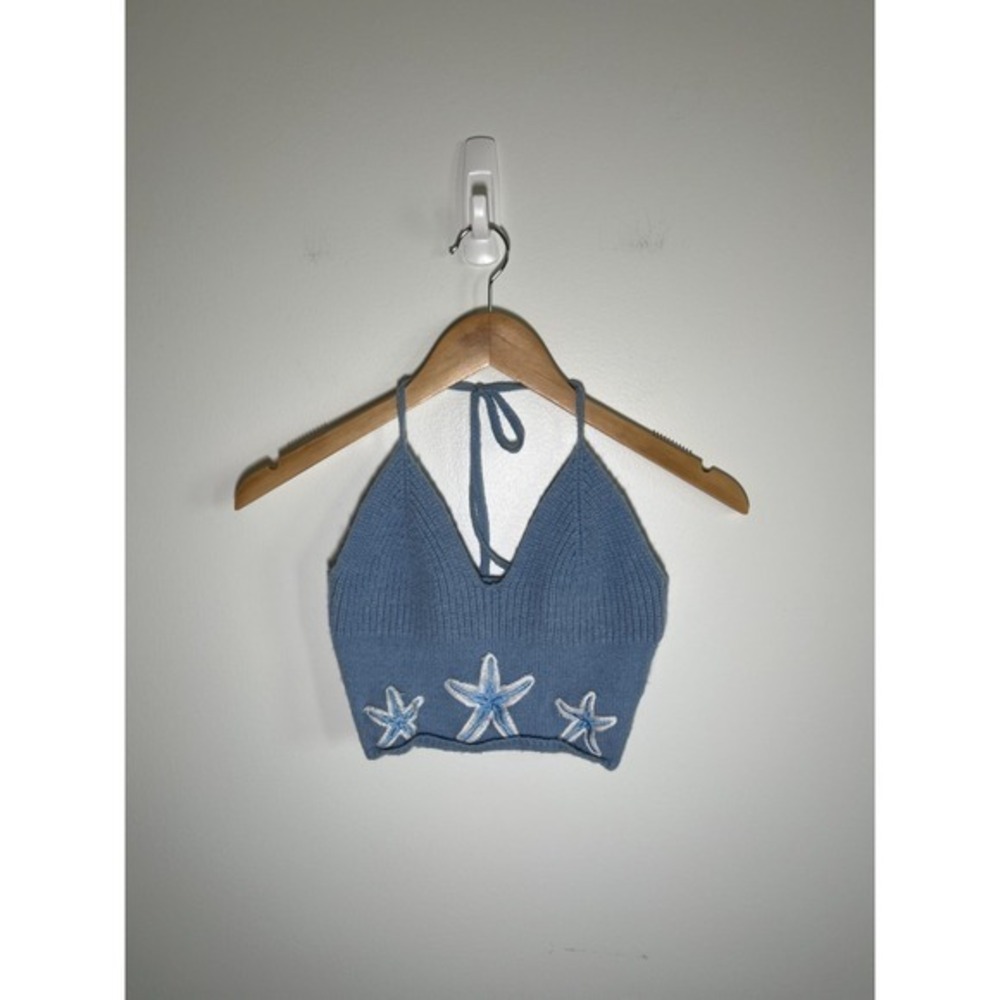 Y2K Fairy Babydoll Coastal Boho Festival‎ Starfish Knit Tie Top Womens Blue S